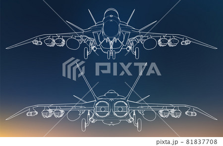 Set of military jet fighter silhouettes. Image of aircraft in contour drawing lines 81837708