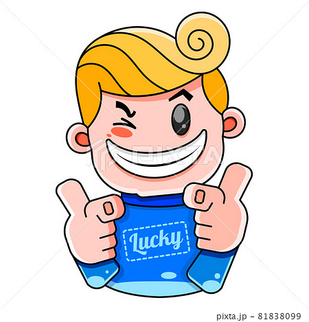 Lucky guy in a blue sweater with the inscription lucky smiles illustration for prints, T-shirts, covers. Lucky guy in a blue sweater with the inscription lucky smiles illustration for prints, T-shirts, covers. 81838099