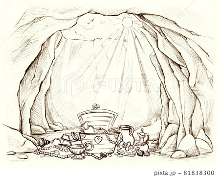 A cave with old treasures. Pencil drawing A cave with old treasures. Pencil drawing 81838300