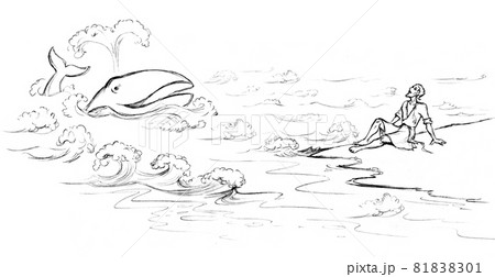 Whale spit Jonah onto dry land. Pencil drawing 81838301