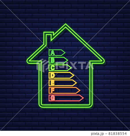 Energy efficiency chart and house concept. Home icon vector. Solar power. Green home. Neon icon. Vector stock illustration. 81838554