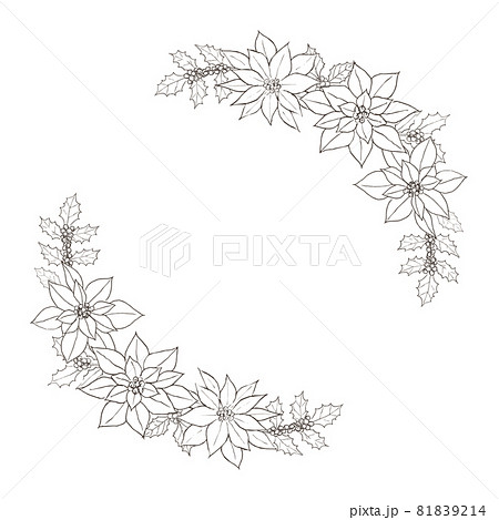 ポインセチアとヒイラギのペン画の飾り枠 白背景のイラスト素材