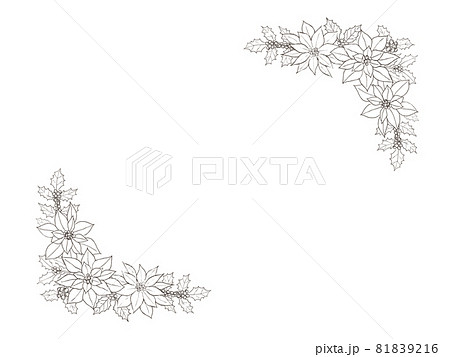 ポインセチアとヒイラギの線画のフレーム 白背景のイラスト素材