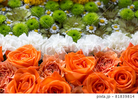 オレンジ、白、緑の花のフラワーアレンジメントの写真素材 [81839814