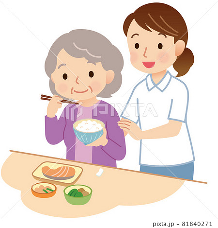 食事をする高齢者 食事介助 ヘルパーのイラスト素材