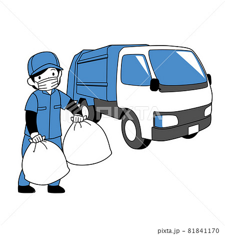 ごみ収集車とマスクの女性 シンプル のイラスト素材