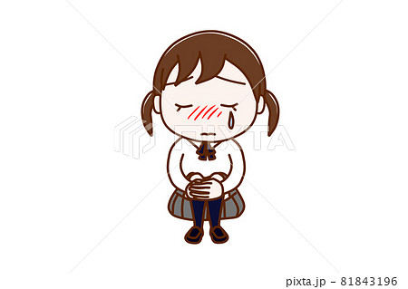 全身 正面 膝を抱え座って涙を流して落ち込んでいる女子学生のイラスト素材
