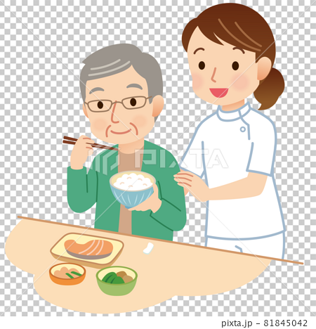 食事をする高齢者 食事介助 看護師のイラスト素材