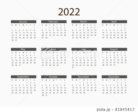 2022 year, calendar. Vector illustration. Weeks start on Sunday. 2022 year, calendar. Vector illustration. Weeks start on Sunday. 81845817