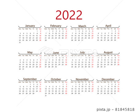 2022 year, calendar. Vector illustration. Weeks start on Monday. 2022 year, calendar. Vector illustration. Weeks start on Monday. 81845818