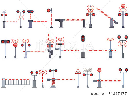 Railway crossing icons set cartoon vector. Railroad signal 81847477