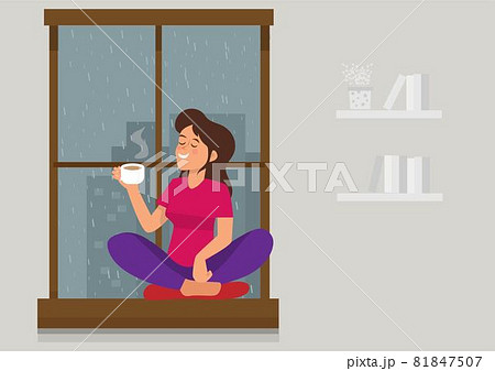 Vector illustration of a girl drinking tea/coffee near the window while it's raining outside. Flat style cartoon illustration vector Vector illustration of a girl drinking tea/coffee near the window while it's raining outside. Flat style cartoon illustration vector 81847507