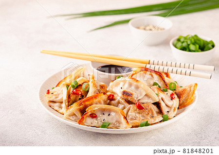 Fried dumplings served with green onions. 81848201