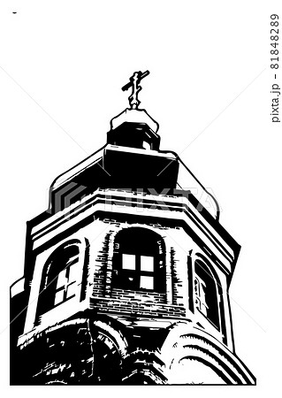 Black and white image of a Christian Orthodox church isolated on a white background. Building with domes. Religion, a symbol of faith. Christian architecture. Vector illustration. 81848289