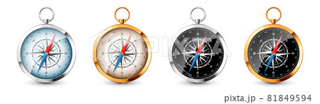 Realistic silver, golden vintage compass with marine wind rose and cardinal directions of North 81849594