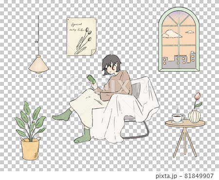 A young woman sitting on a sofa in a calm room in the evening and relaxing while looking at her smartphone 81849907