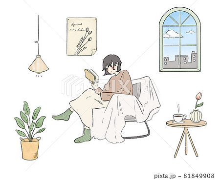 朝落ち着く部屋でソファに腰かけ読書しながらくつろいでいる若い女性のイラスト素材