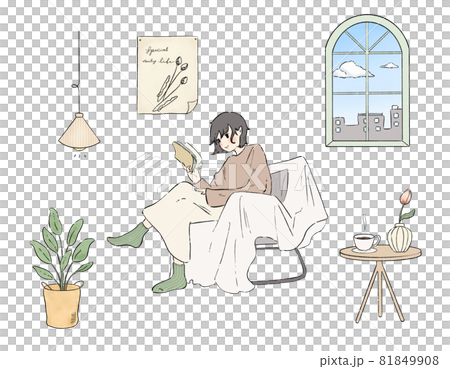 A young woman sitting on the sofa in a calm room in the morning and relaxing while reading 81849908