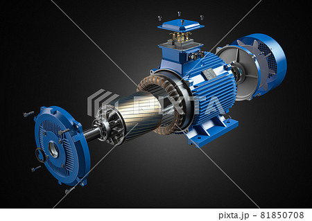 Electric motor parts and structure on black background. Electric motor parts and structure on black background. 81850708
