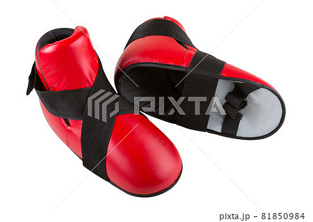 red shoes for karate or for boxing, leg protection, on a white background, isolate, side view red shoes for karate or for boxing, leg protection, on a white background, isolate, side view 81850984