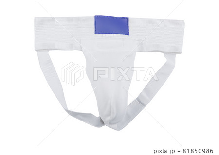 white tissue protection for the groin, for sports, karate or boxing, on a white background, isolate white tissue protection for the groin, for sports, karate or boxing, on a white background, isolate 81850986