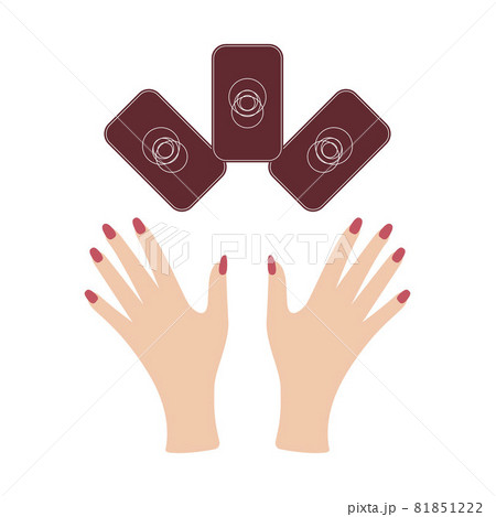 Hands with tarot cards. Magic symbols. Flat and cartoon style. For print design, tattoo, stickers. 81851222