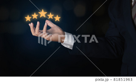 Business man showing five star rating. Service rating, satisfaction concept. Business man showing five star rating. Service rating, satisfaction concept. 81851963