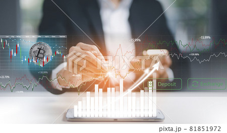 Digital graph with Bitcoin chart on-screen among piles of Bitcoin concept. businessman touch on  BUY and SELL buttons. Bitcoin on the stock market, Cryptocurrency, and finance. 81851972