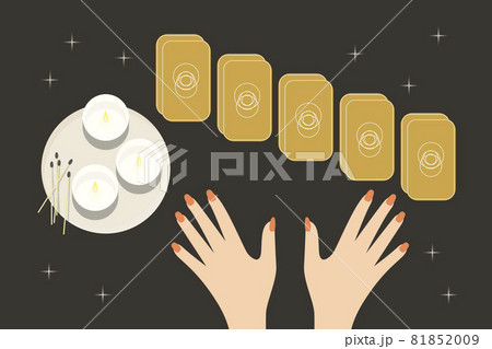 Divination by tarot cards, candles, star. Fortunetellers hands, manicure. Fortune telling table. Divination by tarot cards, candles, star. Fortunetellers hands, manicure. Fortune telling table. 81852009