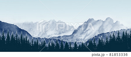 Watercolor painting of pine mountain forest. 81853336