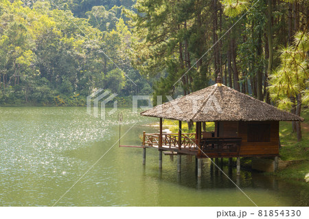 beautiful scenery of lodging house beside the lake in the morning at Pang-ung, in Mae Hong Son,Thailand beautiful scenery of lodging house beside the lake in the morning at Pang-ung, in Mae Hong Son,Thailand 81854330