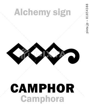 Alchemy Alphabet: CAMPHOR (Camphora, Camfora < kafur, kapur), Wood of camphor laurel (Cinnamomum camphora). Terpenoid, terpene ketone: Chemical formula=[C10H16O]. Alchemical sign, Medieval symbol. 81854388