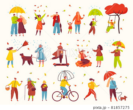 People walking in autumn park, fall season outdoor activities. Characters under umbrellas in rain, woman throwing leaves, man cycling vector set People walking in autumn park, fall season outdoor activities. Characters under umbrellas in rain, woman throwing leaves, man cycling vector set 81857275