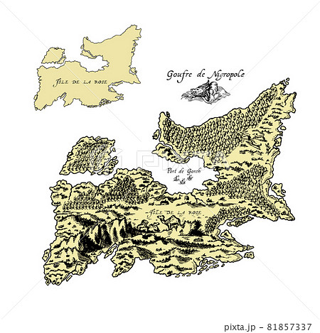 Medieval map of the island isolated on a white background. Hand-drawn, hand-drawn sketch of the island and its outline. Vector 81857337