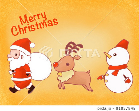 サンタとトナカイと雪だるまのクリスマスカードのイラスト素材