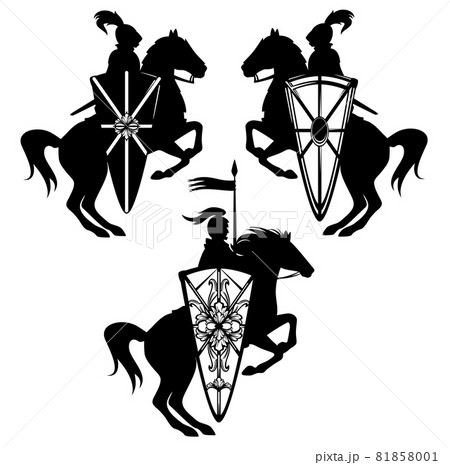 medieval hero knight riding horse with heraldic shield black and white vector design set 81858001