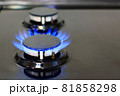 Blue flames of gas burning from a kitchen gas stove 81858298