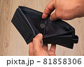 Man hand open leather wallet with one-shekel coin. 81858306