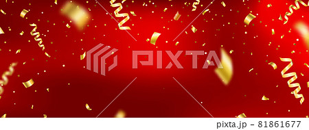 Anniversary, celebration red long banner. Christmas luxury gold background. Golden confetti and ribbon. Birthday glitter decor. Holiday party poster. Premium design element. Vector illustration 81861677