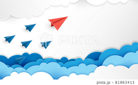Paper plane are competition to destination up to the clouds and sky go to success goal. financial concept. leadership. creative idea. nature landscape and concept of business by paper art. vector 81863413