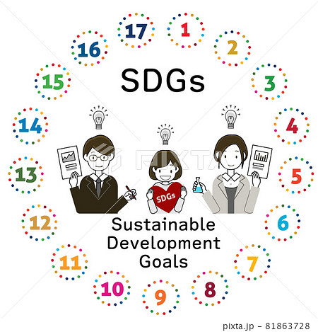 Sdgsに対する取り組みやアイデアと 行政や市民 企業の連携をイメージしたイラストのイラスト素材