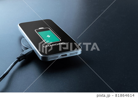 Phone charge. Mobile cell phone charge battery from wireless smart charger. Modern technology, portable fast charger. Phone charge. Mobile cell phone charge battery from wireless smart charger. Modern technology, portable fast charger. 81864614