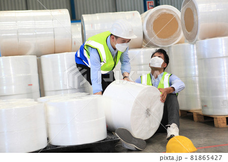 Dangerous accident in warehouse during work , worker accident factory , safety first for working 81865427
