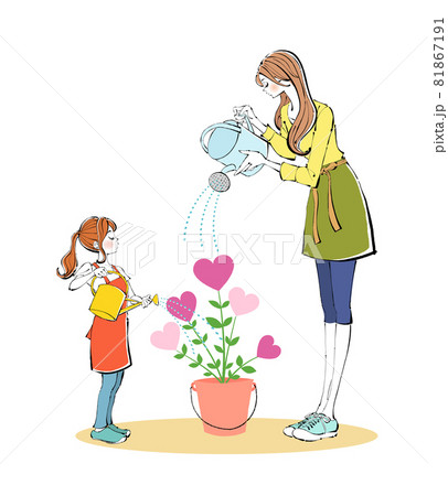 ジョウロで植木鉢の花に水やりをするママと女の子 81867191