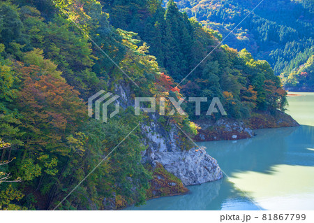 神流湖 湖畔 金毘羅橋からの景色 秋の風景 紅葉の季節   神流湖 湖畔 金毘羅橋からの景色 秋の風景 紅葉の季節   81867799