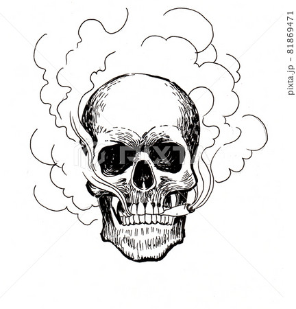 Smoking human skull. Ink black and white drawingのイラスト素材