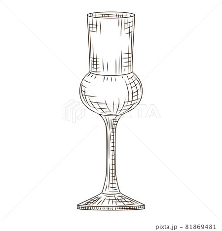 Empty glass schnapps engraved style isolated on white background. Vintage sketch black outline close up. Empty glass schnapps engraved style isolated on white background. Vintage sketch black outline close up. 81869481