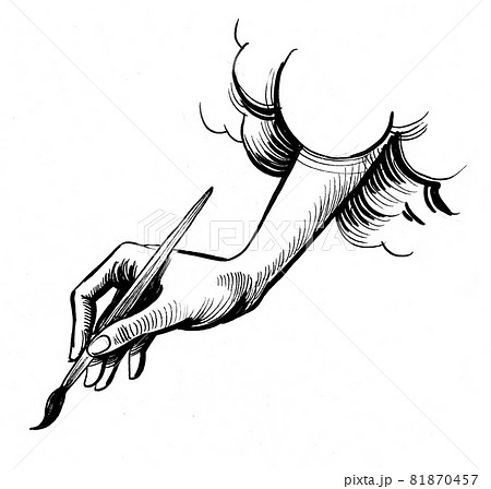 Hand in clouds painting with a brush. Ink black and white drawing 81870457