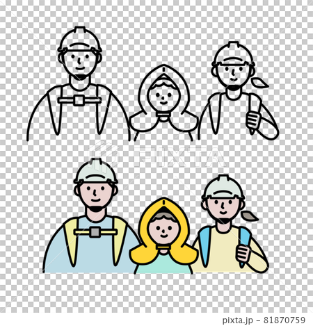 防災ヘルメット防災頭巾を被る家族イラスト素材 防災ヘルメット防災頭巾を被る家族イラスト素材 81870759