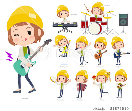 ロックンロールやポップミュージックを演奏するカジュアルファッション女性のセットのイラスト素材